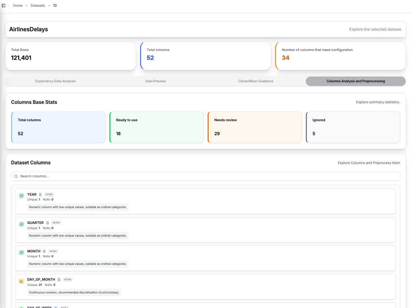 Columns Analysis and Preprocessing tab