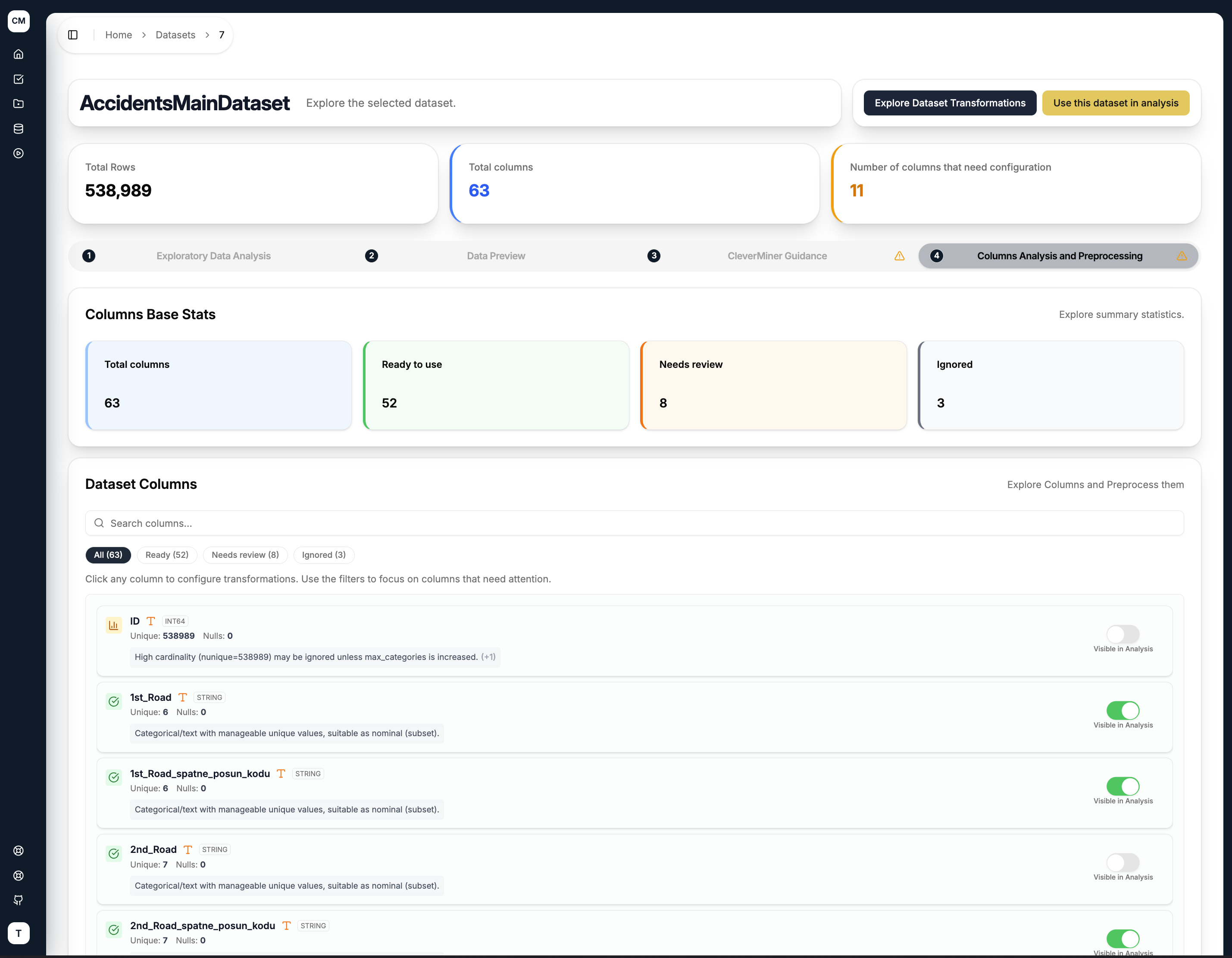 Columns Analysis and Preprocessing tab