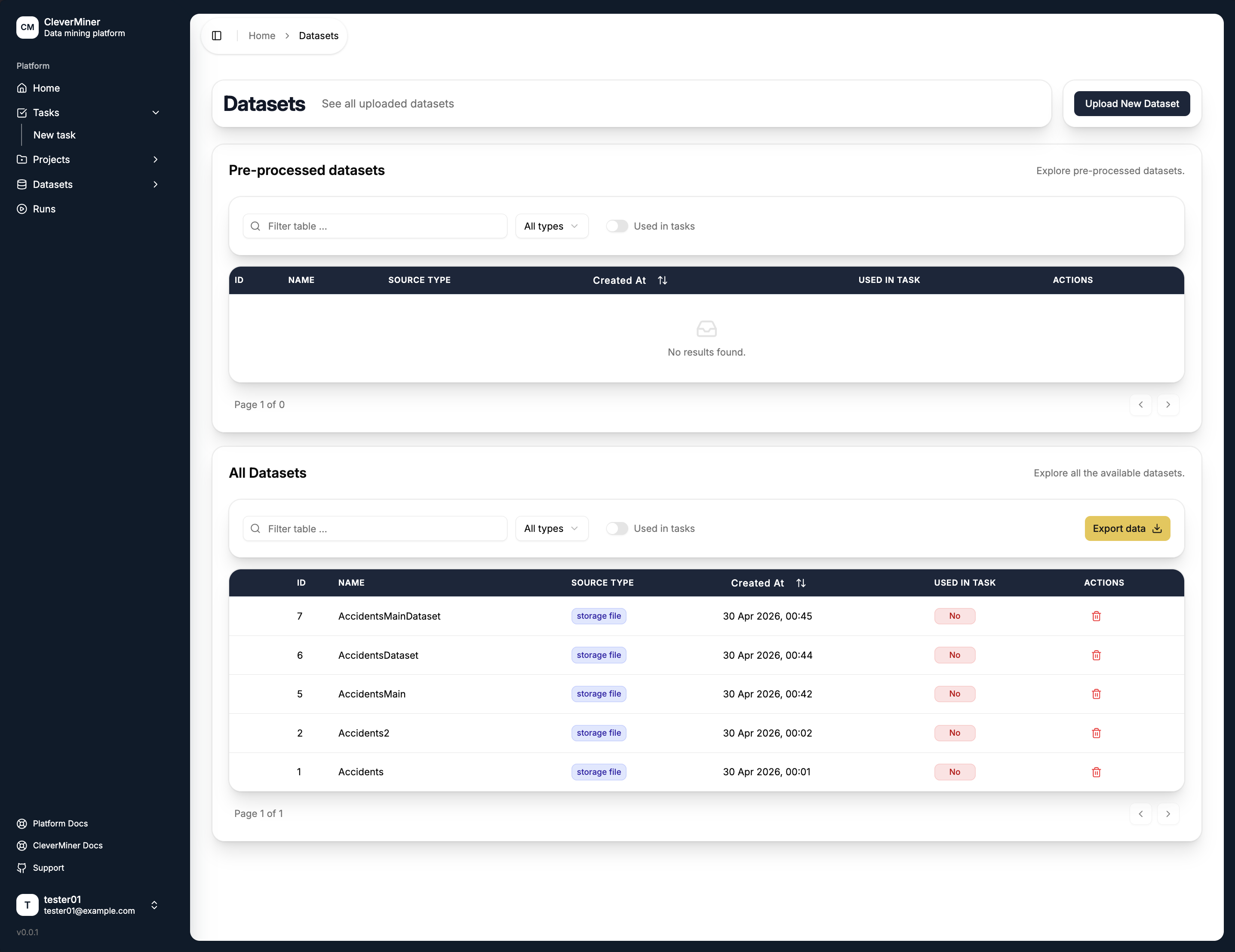 Datasets page overview