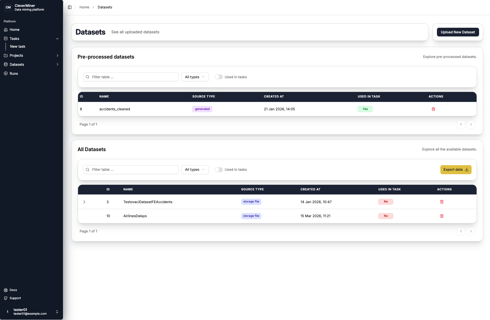 Datasets page overview