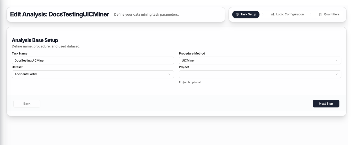 UIC-Miner Step 1 - Task Setup